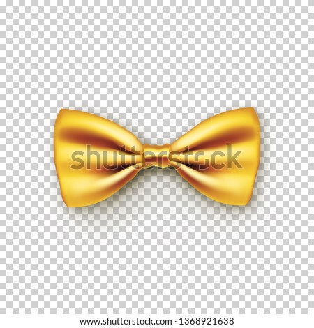 Stylish gold bow tie from satin with shadow. Hipster accessory isolated on transparent background. Realistic formal wear for official event. Elegant clothes object from silk vector illustration.