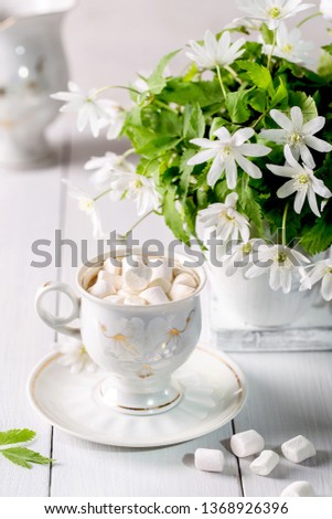 Coffee with marshmallows and a bouquet of anemone on a light background.