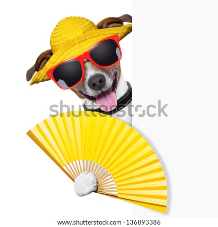 summer cocktail dog cooling off with hand fan behind banner