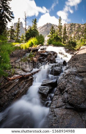 Beautiful picture of water cascade with rocks, trees in Rocky Mountains National Park, Colorado.