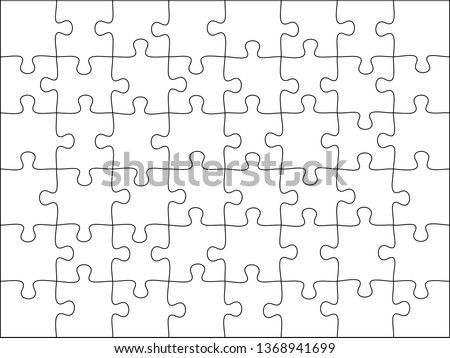 Puzzles grid template. Jigsaw puzzle 48 pieces, thinking game and 8x6 jigsaws detail frame design. Business assemble metaphor or puzzles game challenge vector illustration Royalty-Free Stock Photo #1368941699