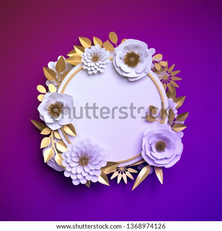 3d render, white gold paper flowers, round floral frame, blank banner, botanical wreath, ultraviolet neon background, festive decor