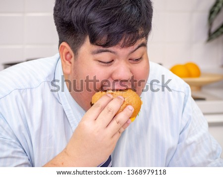 Diet failure of fat man eating fast food unhealthy hamberger.