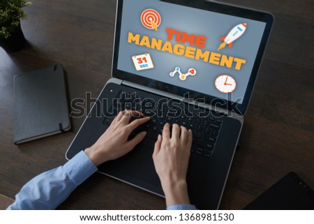 Time management text and icons on screen. Business and personal growth concept.
