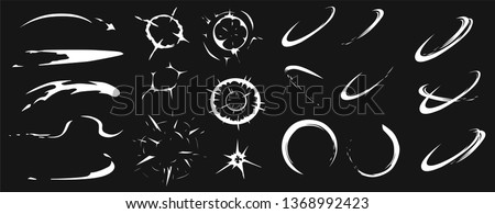 Set of white cartoon vector explosion effect frames. Comic energy blast with smoke, flame ring and shining particles for promo, video or web design. Sparks, trails, bangs, stars, circles for promo Royalty-Free Stock Photo #1368992423