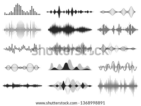Black sound waves. Music audio frequency, voice line waveform, electronic radio signal, volume level symbol. Vector curve radio waves set Royalty-Free Stock Photo #1368998891