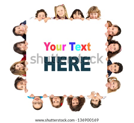 Group of children with a white board isolated in white