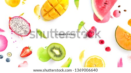 Creative layout made of dragonfruit, melon, watermelon, cherry, kiwi, strawberry, mango on the watercolor background. Flat lay. Food concept. Royalty-Free Stock Photo #1369006640