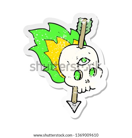 retro distressed sticker of a cartoon magic skull with arrow through brain