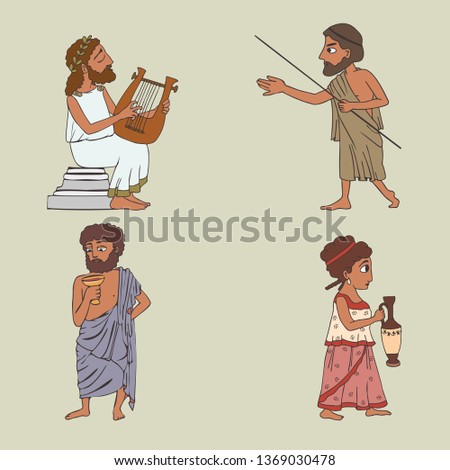 ancient greek people set, four vector cartoon characters of historic men and woman