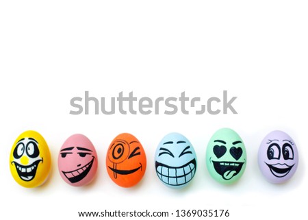 Perfect colorful handmade Easter eggs with smile eggs isolated on a white background. Easter day concepts. Funny decoration. Happy Easter.