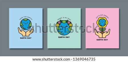 Set of Earth Day greeting card. Cute cartoon Earth icon or symbol. 22 april, Mother Earth Day flat vector illustration. Let's go green & save the Earth.  
