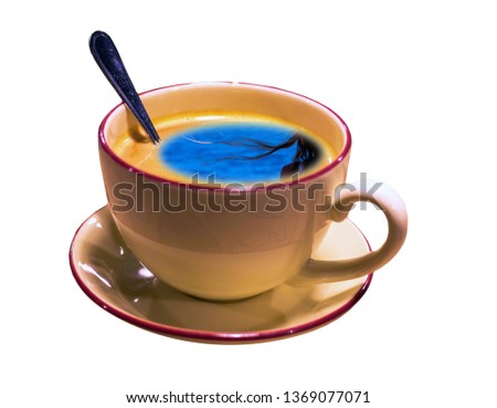 Collage picture of morning cap of espresso coffee with spoon and girl isolated on white background 