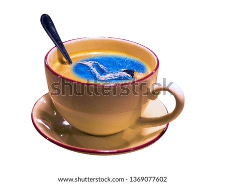 Collage picture of morning cap of espresso coffee with spoon and girl isolated on white background 