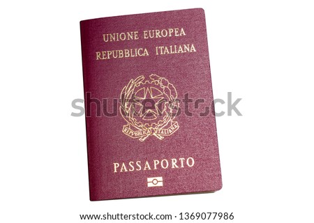 Red biometric passport of a Italian citizen, isolated on white background. Inscription - European Union, Italian Republic, Passport. Border crossing, travel, immigration concept Royalty-Free Stock Photo #1369077986