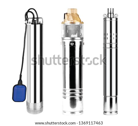 Set pumps with float. Submersible borehole supplying clean water great depth house, watering garden. Wells. Isoated white background. Automatic water supply station. Homes, country village. Royalty-Free Stock Photo #1369117463