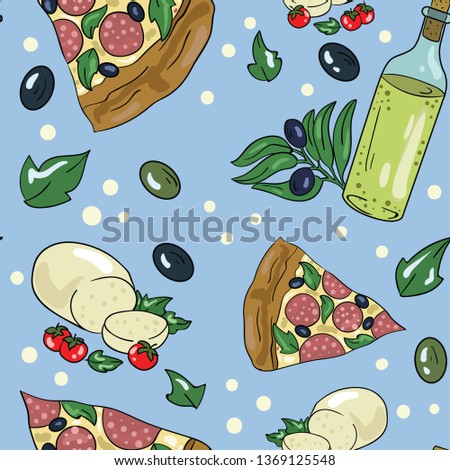 Seamless vector pattern with mozzarella cheese, olive, olive oil, pizza and basil. Italian food. Good for printing. Wallpaper and fabric design. Wrapping paper pattern.