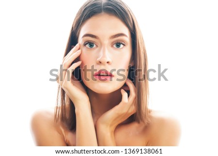 beautiful young brunette woman with vitiligo disease close up isolated on white