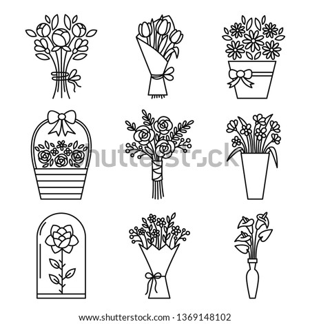 Set of flowers bouquet icons. Contains icons - chamomile, rose flower, calla, tulip, peony and others. Vector. Royalty-Free Stock Photo #1369148102