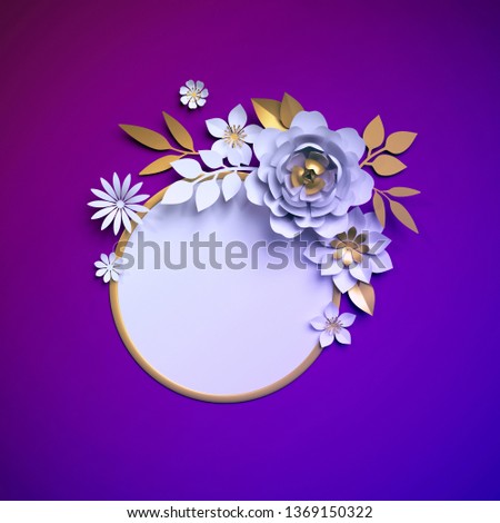 3d white gold paper flowers isolated on ultraviolet background, neon botanical decor, round frame, blank card template, floral decoration