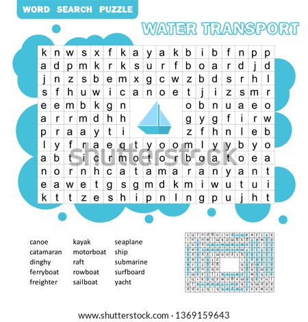 Word puzzle template with water transportation illustration - Word search game for kids with answer