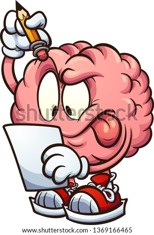 Cartoon brain looking at a piece of paper and thinking clip art. Vector illustration with simple gradients. All in a single layer. 
