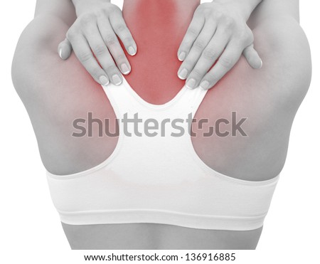Acute pain in a woman neck. Female holding hand to spot of neck-aches. Concept photo with Color Enhanced blue skin with read spot indicating location of the pain. Isolation on a white background.