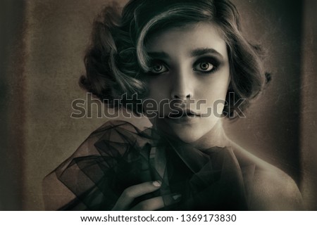 Portrait of a beautiful girl with big eyes in retro style. Toned with vintage texture.