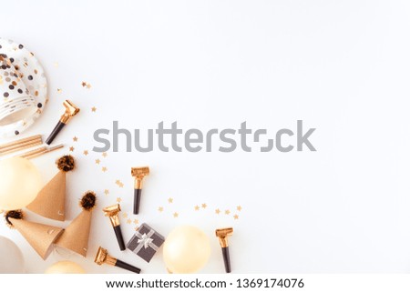 Party, carnival, festival and birthday gold background with balloon, colorful party streamers and confetti. Top view and flat lay of border on a white background with copy space