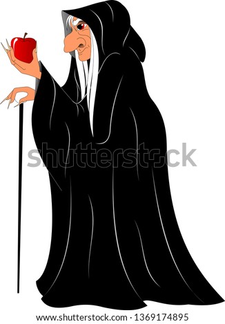 old woman with apple in a black cloak Royalty-Free Stock Photo #1369174895