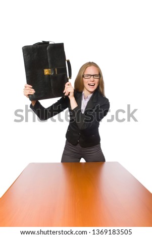 Female employee sitting at long table isolated on white 