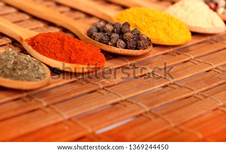 Group of indian spices and herbs difference ware in wooden spoons on wooden background with normal view and copy space for design foods, vegetable, spices, herbs or other your content.