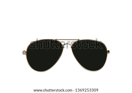 Black sunglasses in gold frame on white background. Front view. Isolated object. Royalty-Free Stock Photo #1369253309