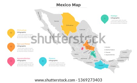 Mexico map divided into regions or states. Territory of country with regional borders, geographical division. Infographic design template. Flat vector illustration for brochure, touristic website. Royalty-Free Stock Photo #1369273403
