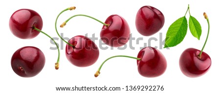 Cherry isolated on white background with clipping path, fresh cherries with stems and leaves, berry collection Royalty-Free Stock Photo #1369292276