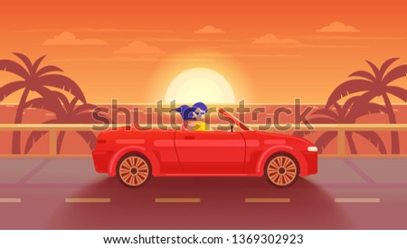 Tropical landscape. Poster. Woman riding a red cabriolet on the road to the sea at sunset.