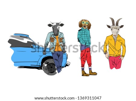 Different fashion models with animal heads set. Modern clothes. Template sketch vector illustration. 