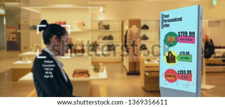 iot machine learning with human , object recognition which use artificial intelligence to analytic concept, it invents to prediction the customer needed with augmented reality on the digital Signage