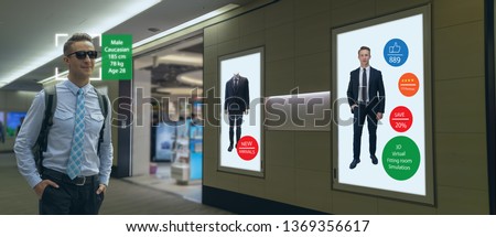 iot machine learning with human , object recognition which use artificial intelligence to analytic concept, it invents to prediction the customer needed with augmented reality on the digital Signage