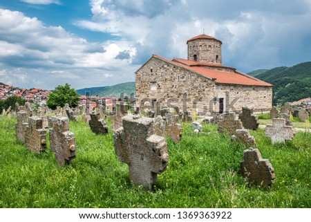 Ancient serbian monastery and medieval cemetery Royalty-Free Stock Photo #1369363922