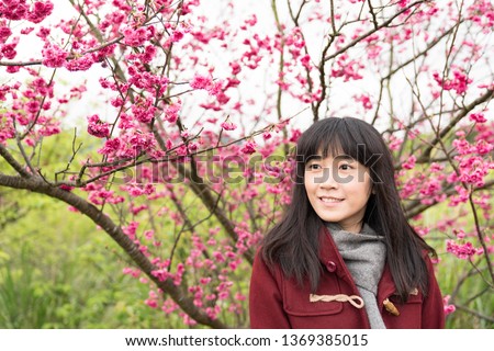 Beautiful Japanese woman with cherry blossoms. The season is spring and winter.
