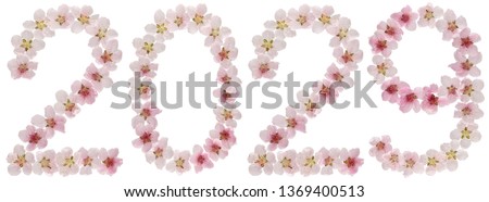 Inscription 2029, from natural pink flowers of peach tree, isolated on white background