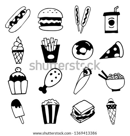 Hand drawn food icons set. Bakery, burger, dessert, ice cream, donut, noodle, fried potato, sandwich and chicken illustrations isolated. Vector background