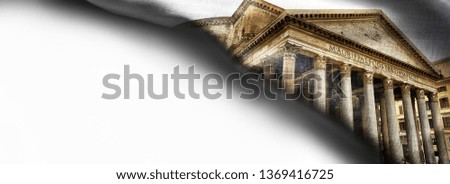 view of Pantheon on fabric corner flag. Rome. Italy.