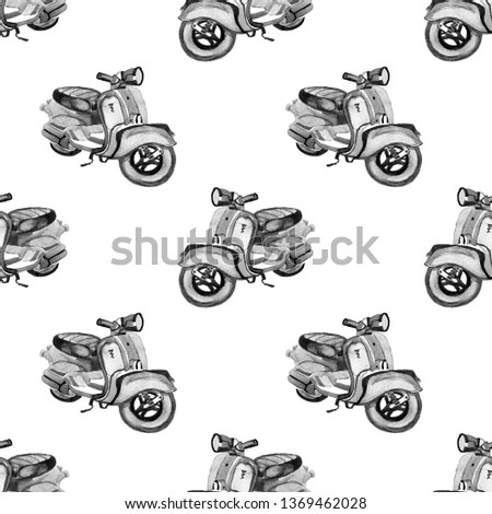 Watercolor scooter seamless pattern in cartoon style.