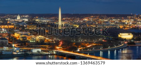 Panorama Top view scene of Washington DC down town which can see United states Capitol, washington monument, lincoln memorial and thomas jefferson memorial, history and culture for travel concept