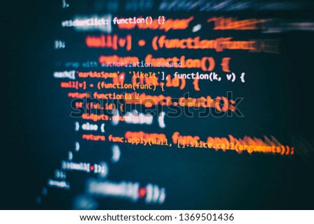 Running Computer data / WWW programming. Coding script text on screen. Notebook closeup photo.