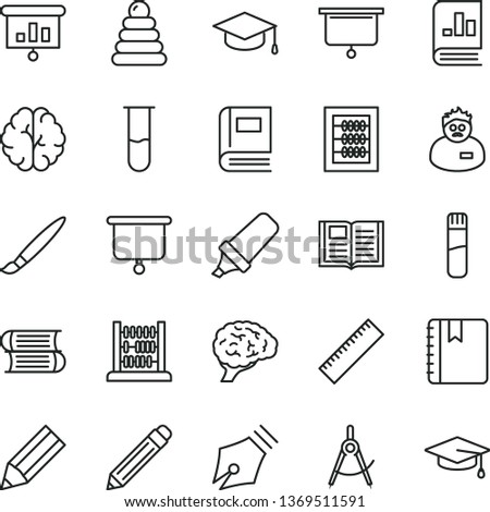 thin line vector icon set - tassel vector, graphite pencil, yardstick, new abacus, stacking rings, books, book, notebook, square academic hat, scribed compasses, text highlighter, on statistics