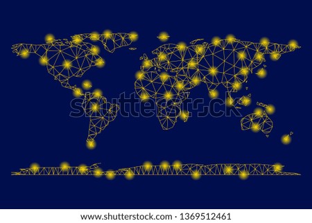 Bright yellow mesh world continent map with glow effect. Wire carcass triangular mesh in vector EPS10 format on a dark black background. Abstract 2d mesh built from triangular lines, spheric points,