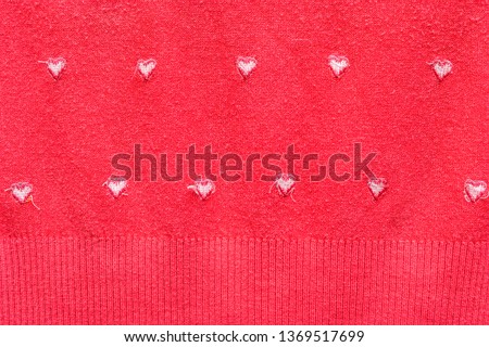White Hearts on the Red Knitted Background. Fabric Cloth Inside Out View. Happy Valentine's Day and Love Concept. Romantic Card, Wedding Invitation, Banner with Copy Space.